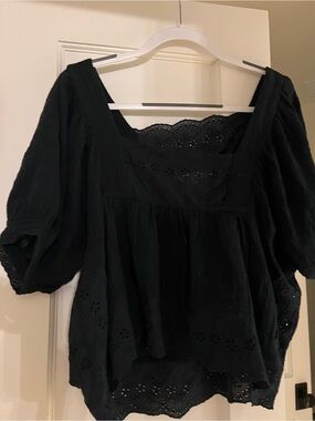 Olivaceous Black Eyelet Square-Neck Peasant Blouse